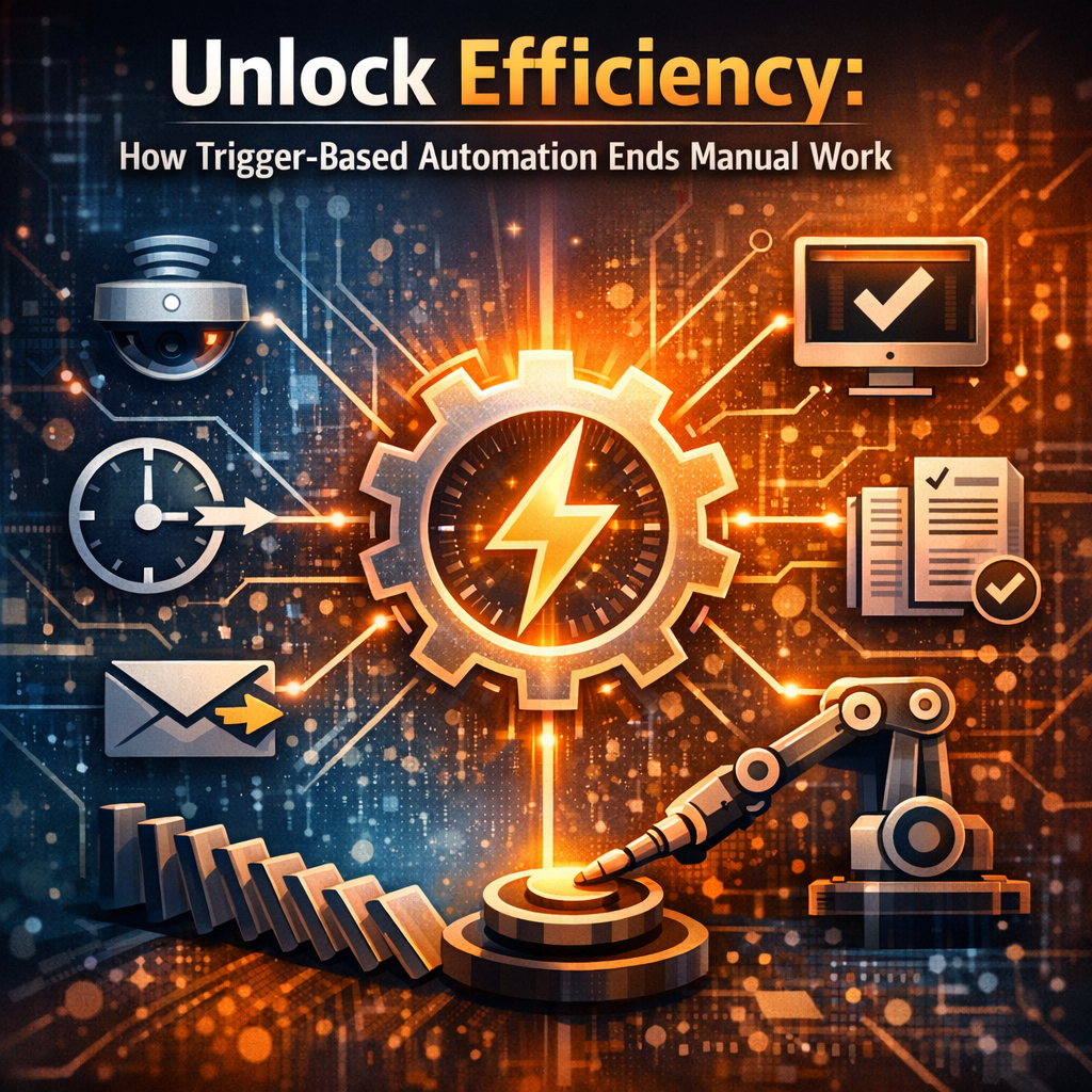 Illustration of digital and mechanical gears connected by automated triggers, symbolizing efficiency.