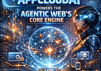 Futuristic digital illustration of AppCloudAI powering the agentic web with AI technology.