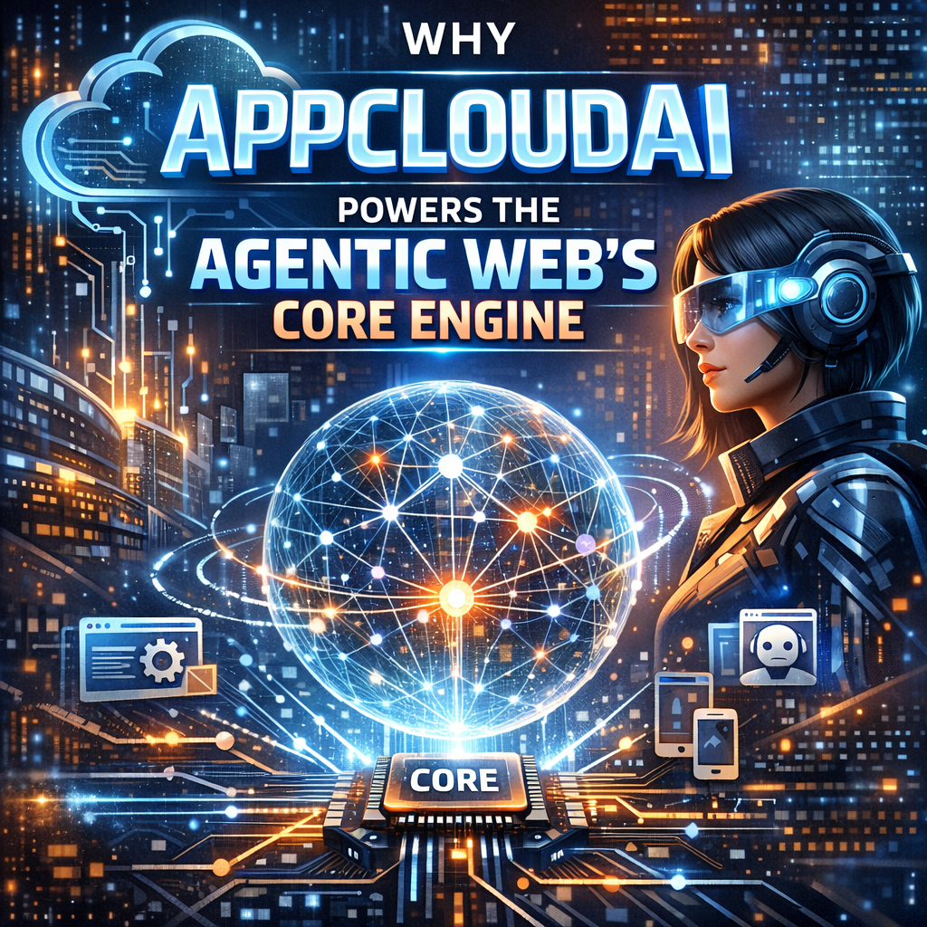 Futuristic digital illustration of AppCloudAI powering the agentic web with AI technology.