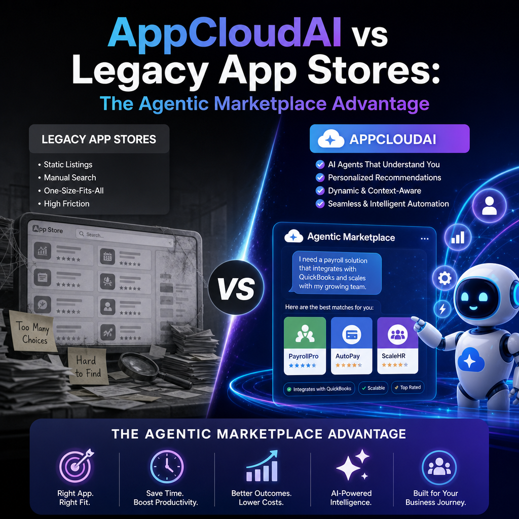 Illustration of AppCloudAI vs Legacy App Stores: The Agentic Marketplace Advantage