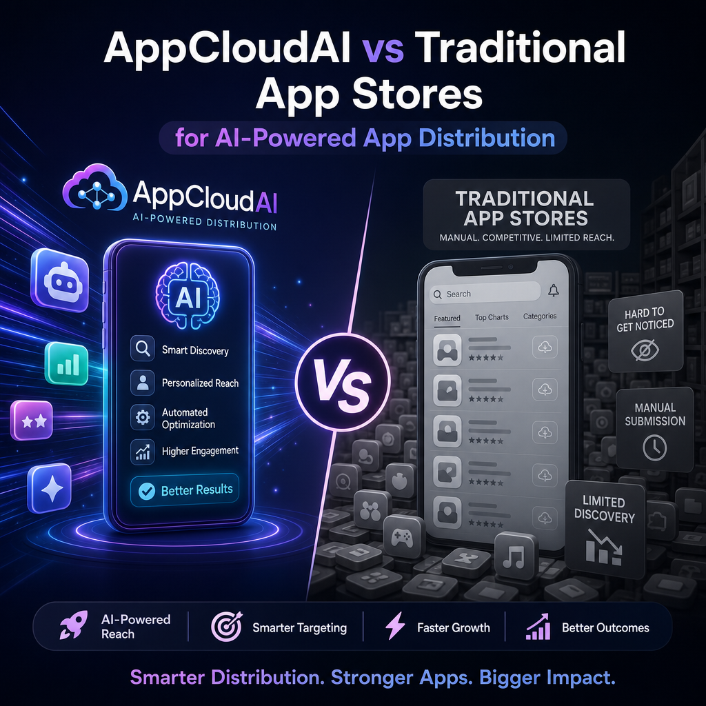 Illustration of AppCloudAI vs Traditional App Stores for AI-Powered App Distribution