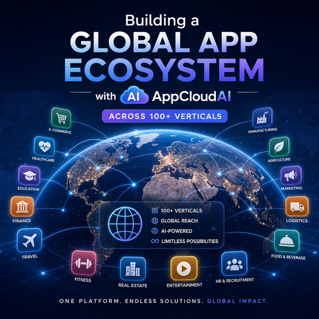 Illustration of Building a Global App Ecosystem with AppCloudAI Across 100+ Verticals