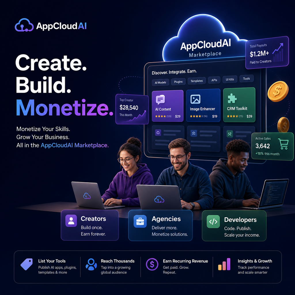 Illustration of How Creators, Agencies, and Developers Monetize in AppCloudAI Marketplace