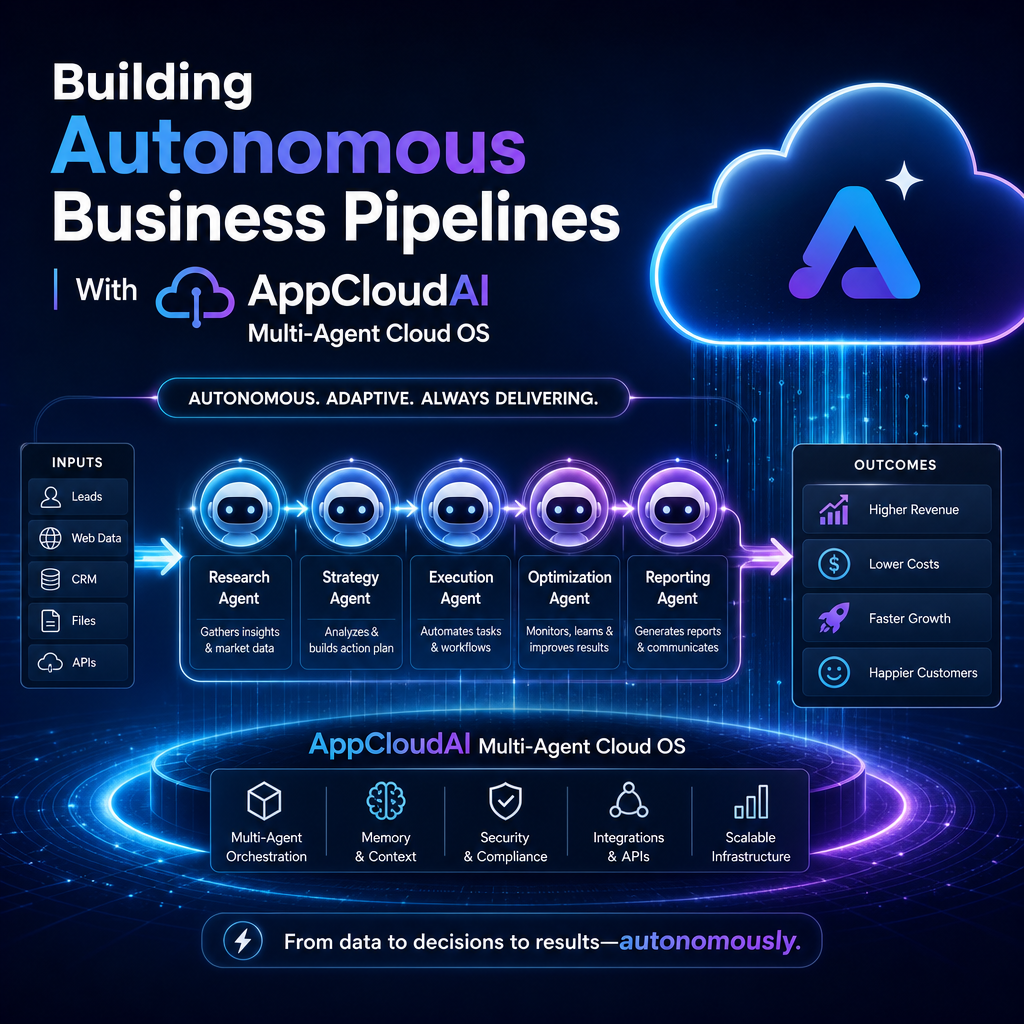 Illustration of Building Autonomous Business Pipelines With AppCloudAI Multi-Agent Cloud OS
