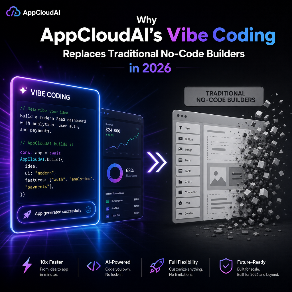 Illustration of Why AppCloudAI’s Vibe Coding Replaces Traditional No-Code Builders in 2026